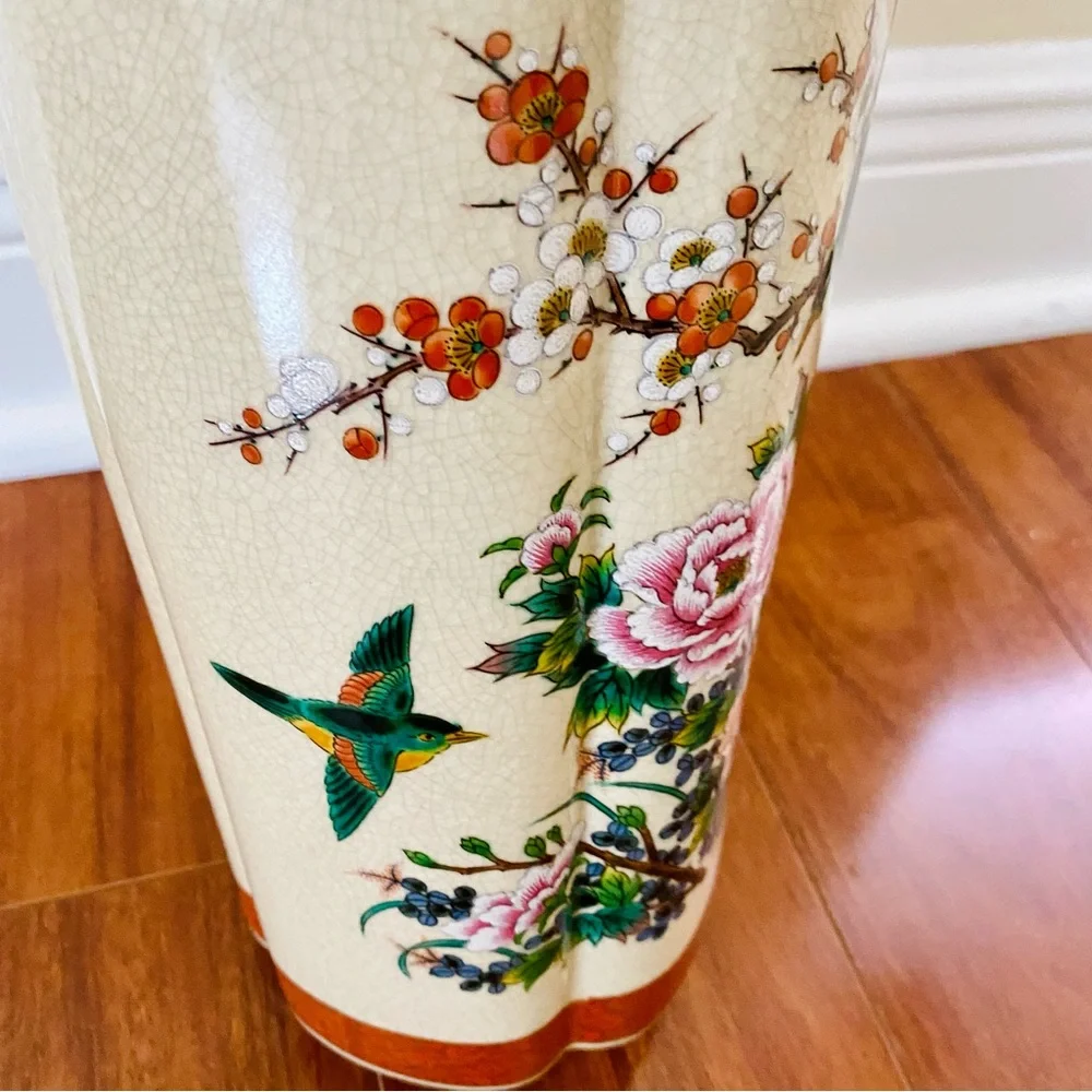 Vtg Kutani Japanese Vase with Avian Sakura Cherry Blossom Peonies Crackle Glaze